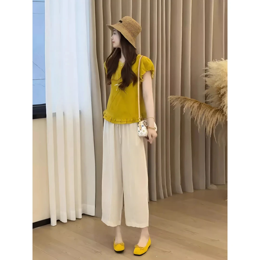 韩系多巴胺穿搭黄色上衣休闲裤套装女夏季小个子ins风甜美两件套