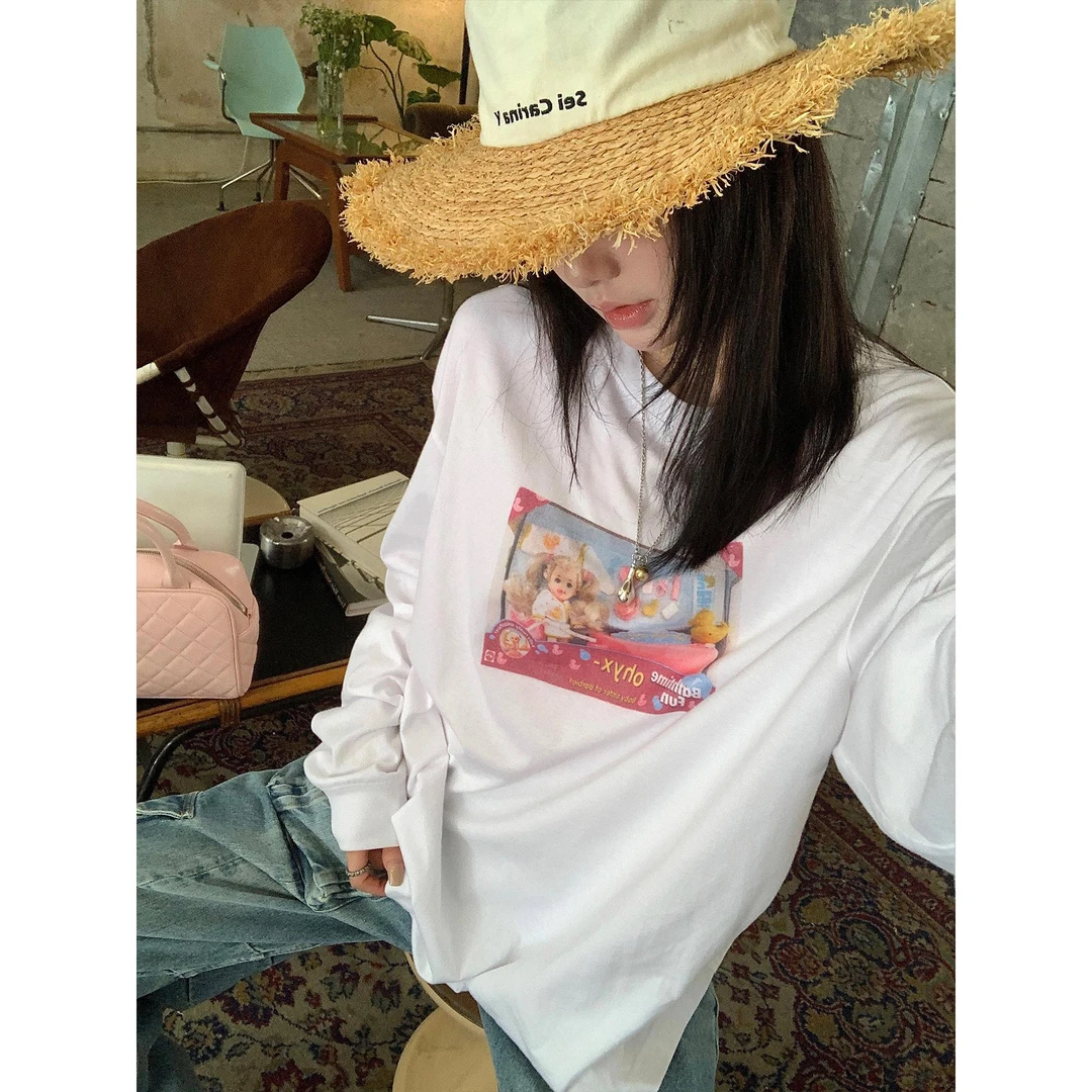 区区欧阳 白色印花T恤女夏季薄款设计感小众宽松圆领长袖显瘦上衣