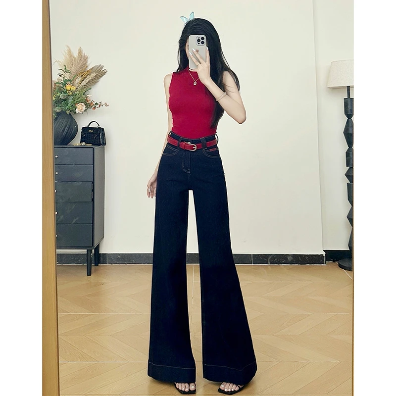 乔栈秋季新款丹宁蓝不贴腿微喇牛仔裤女高腰宽松显瘦百搭阔腿拖地