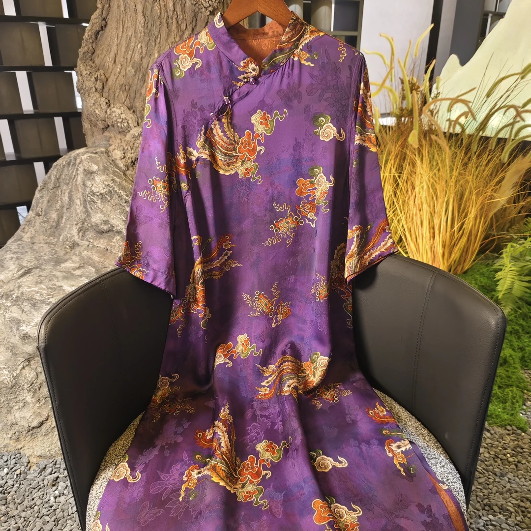 【紫鸢】双面双穿夏季气质新中式国风裙子立领提花七分袖连衣裙女