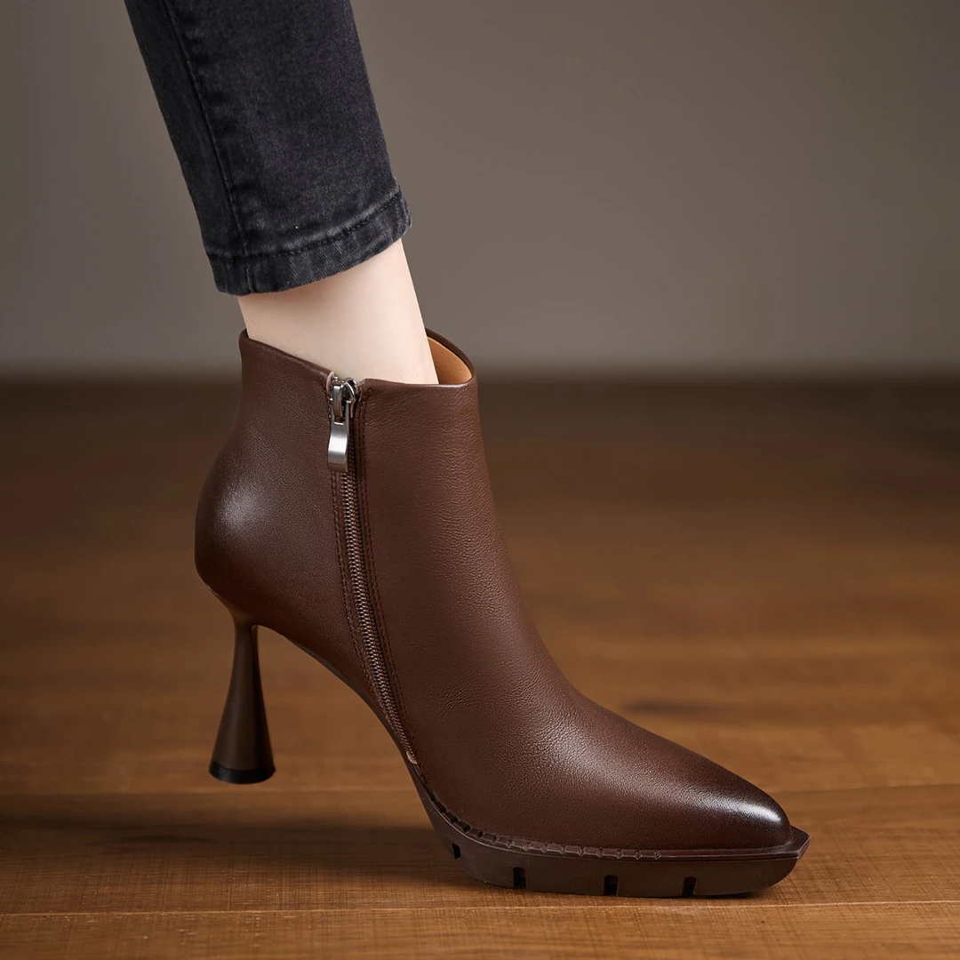 小个子防水台高跟时装靴复古擦色性感尖头短靴真皮切尔西靴马丁靴