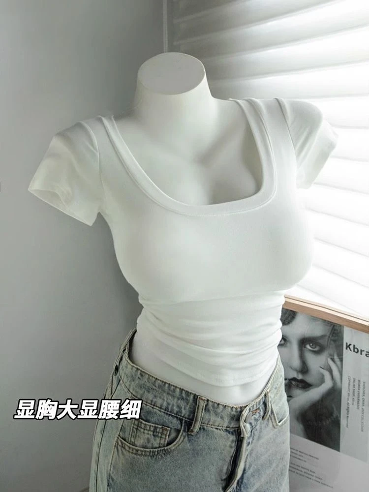 棉质纯欲美式白色U领正短袖正肩T恤夏季新款修身时尚显瘦辣妹上衣