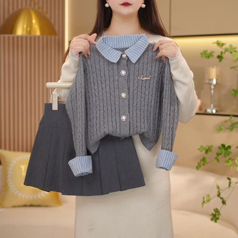 【闺蜜家】女童春季新款时尚韩系学院风假两件上衣+百搭短裙-7606