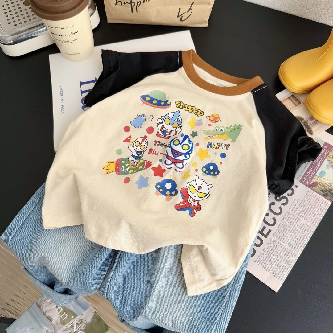 纯棉夏季新款卡通洋气中小儿童装男宝宝奥特曼带立体玩偶短袖T恤