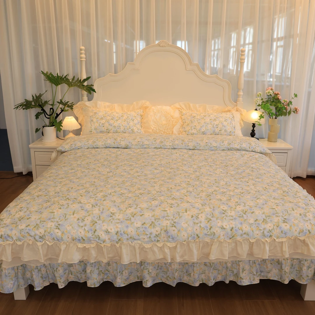 【真珍】全棉A类双层纱法式公主风荷叶边床上四件套