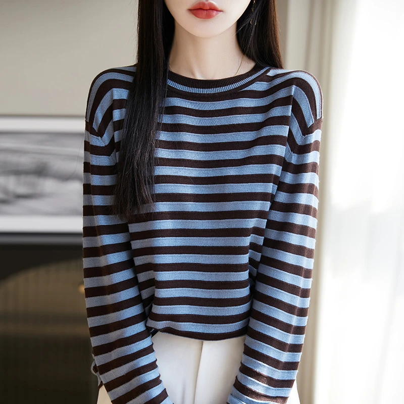 春秋新款圆领条纹精纺羊毛打底衫女洋气宽松显瘦长袖针织上衣设计