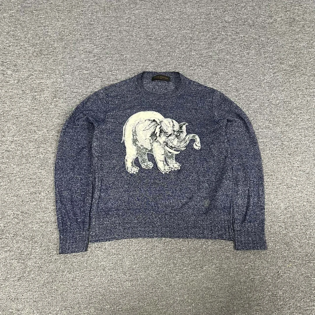 95新 LouisVuitton/路易威登 大象刺绣 亚麻混纺针织毛衣 S码