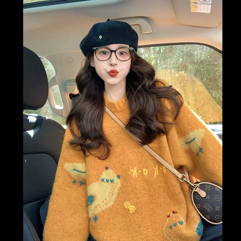 韩系可爱卡通减龄加厚软糯慵懒风复古针织毛衣 8002#