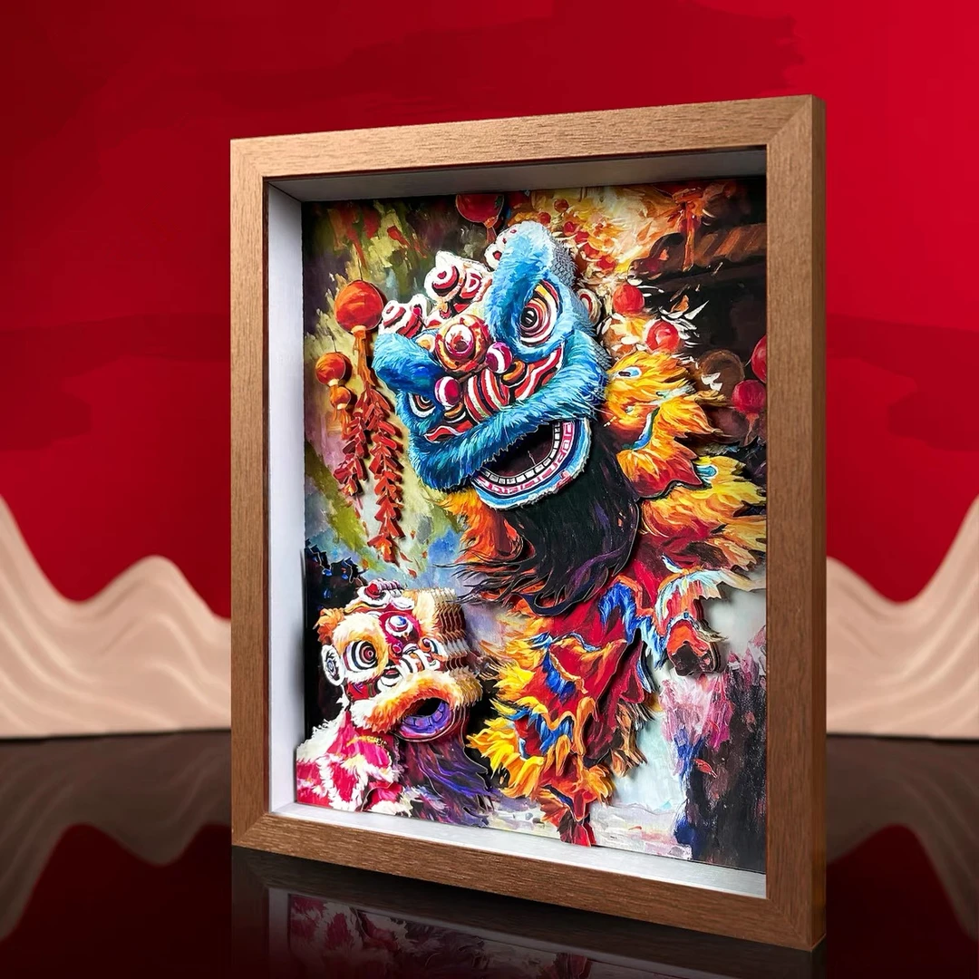 醒狮舞狮非遗剪纸3D立体画办公室创意桌摆开业礼品画手工制作摆件