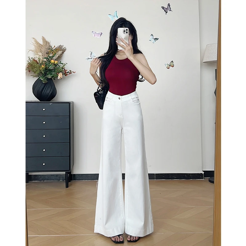 白色莱赛尔天丝喇叭阔腿牛仔裤女2025年夏季薄款宽松垂感拖地