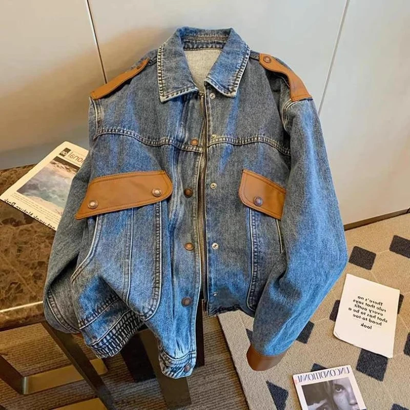 300斤加肥大码美式复古拼接牛仔外套男女秋季宽松夹克水洗上衣潮2