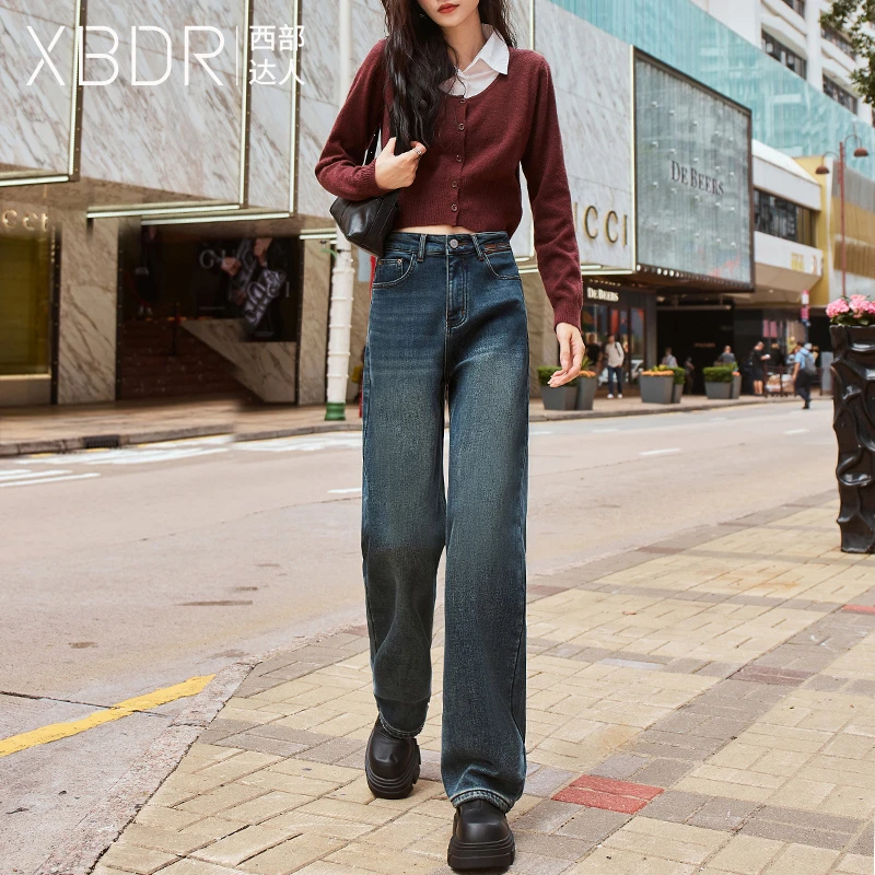 高腰加绒牛仔裤女显瘦直筒阔腿裤2025年秋冬新款垂感百搭港风长裤