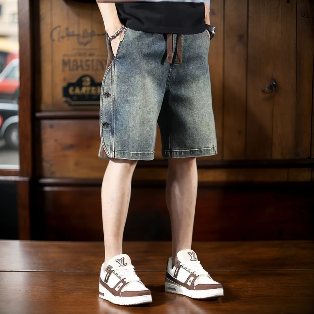 美式复古牛仔短裤男夏季新款透气宽松大码五分裤潮牌痞帅休闲中裤