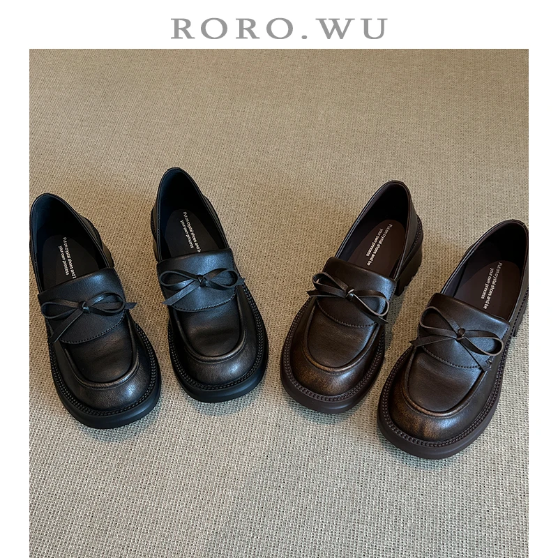娆娆吴·牛皮厚底小个子增高蝴蝶结复古粗跟乐福鞋单鞋A88