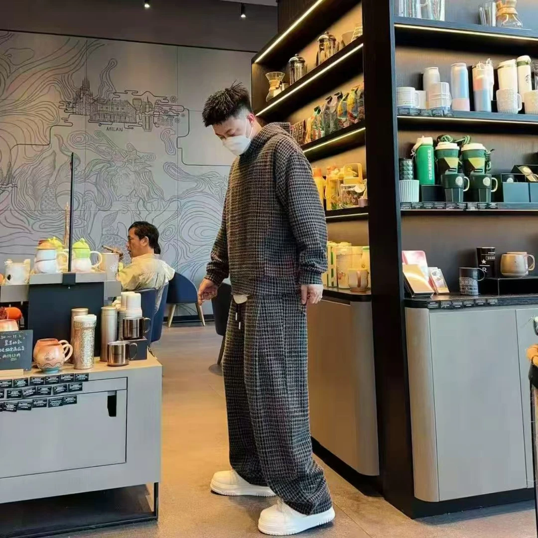 秋冬新款加厚套装男士潮牌美式百搭休闲连帽卫衣直筒休闲裤两件套