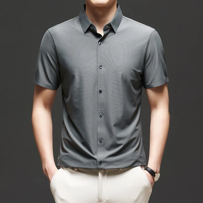 2025夏季冰丝短袖衬衫t恤男新款冰感无痕压胶弹力网眼格商务上衣