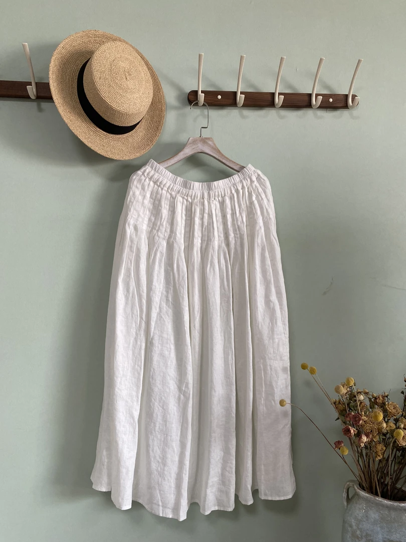 花意潮-25003亚麻半裙纯色A字裙休闲风半身裙古风H型百褶高腰