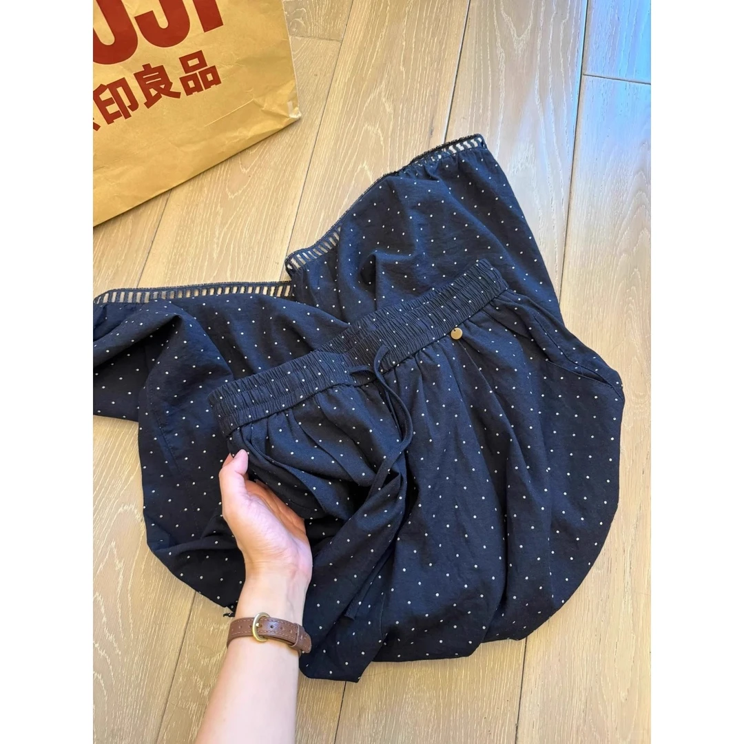 藏青色波点裤子女款小个子夏日轻薄灯笼花苞裤胖妹妹mm九分阔腿裤