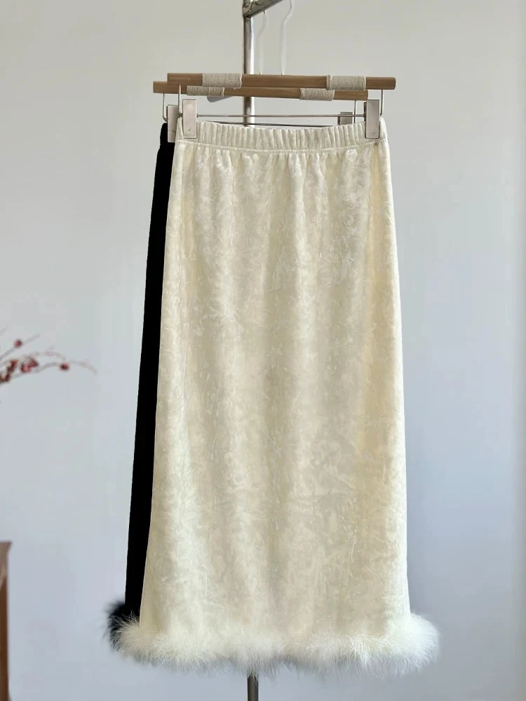 （运费补贴）新中式秋冬新款气质百搭加绒加厚后开叉鸵鸟毛裙子