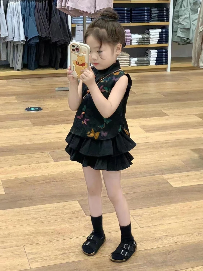 新中式童装2025夏季新款彩色蝴蝶提花国风唐装马甲女童裙子公主款