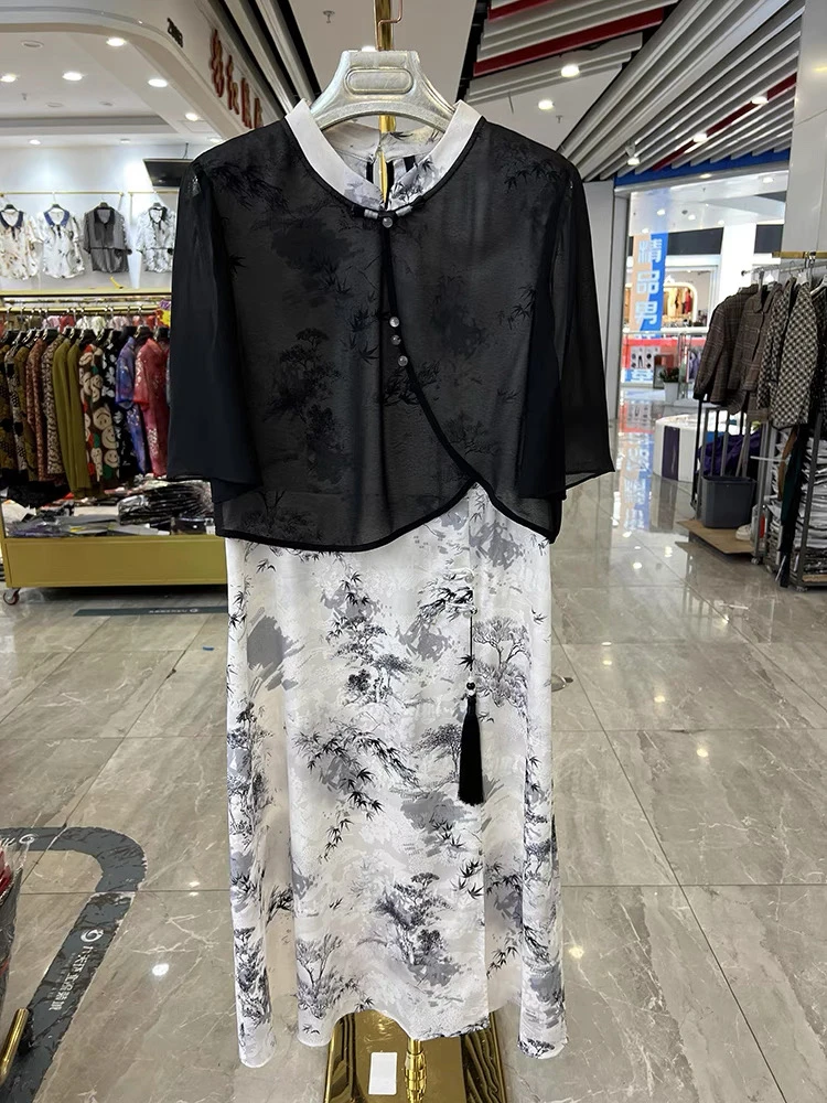 2025新款夏季新中式国风印花假两件连衣裙夏季新款气质洋气大方