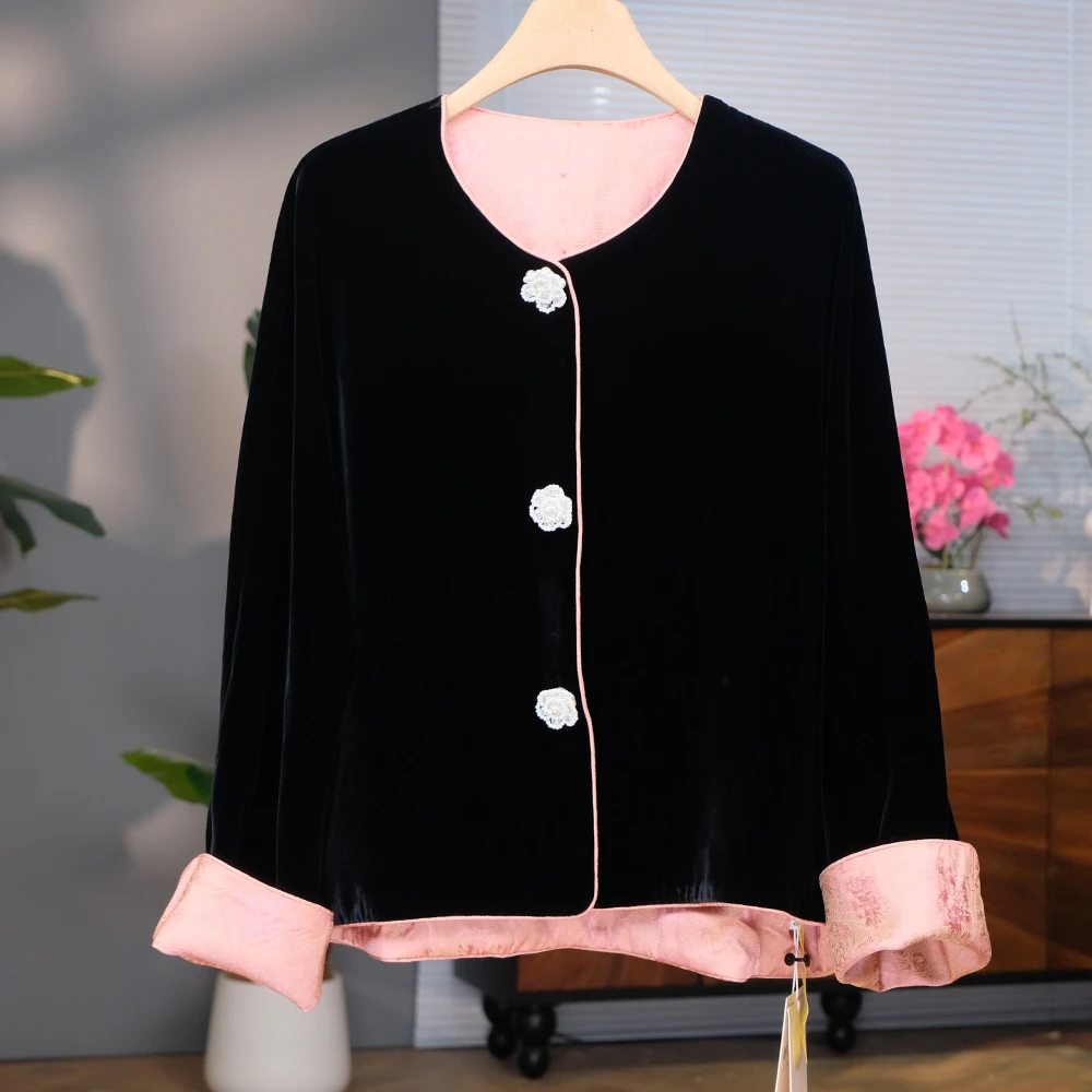 真丝丝绒双面穿外套女秋季新款珍珠扣长袖百搭一片式桑蚕丝开衫
