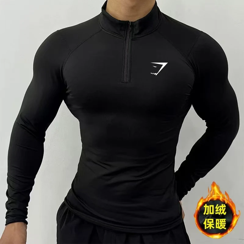GYMSHARK冬季加绒半拉链长袖健身服男鲨鱼运动立领跑步速干训练服
