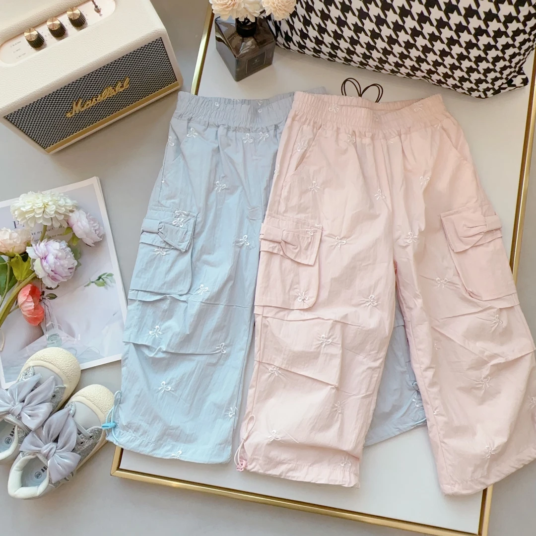 2025春季韩版洋气甜美百搭蝴蝶结绣花长裤女童工装裤H-68008