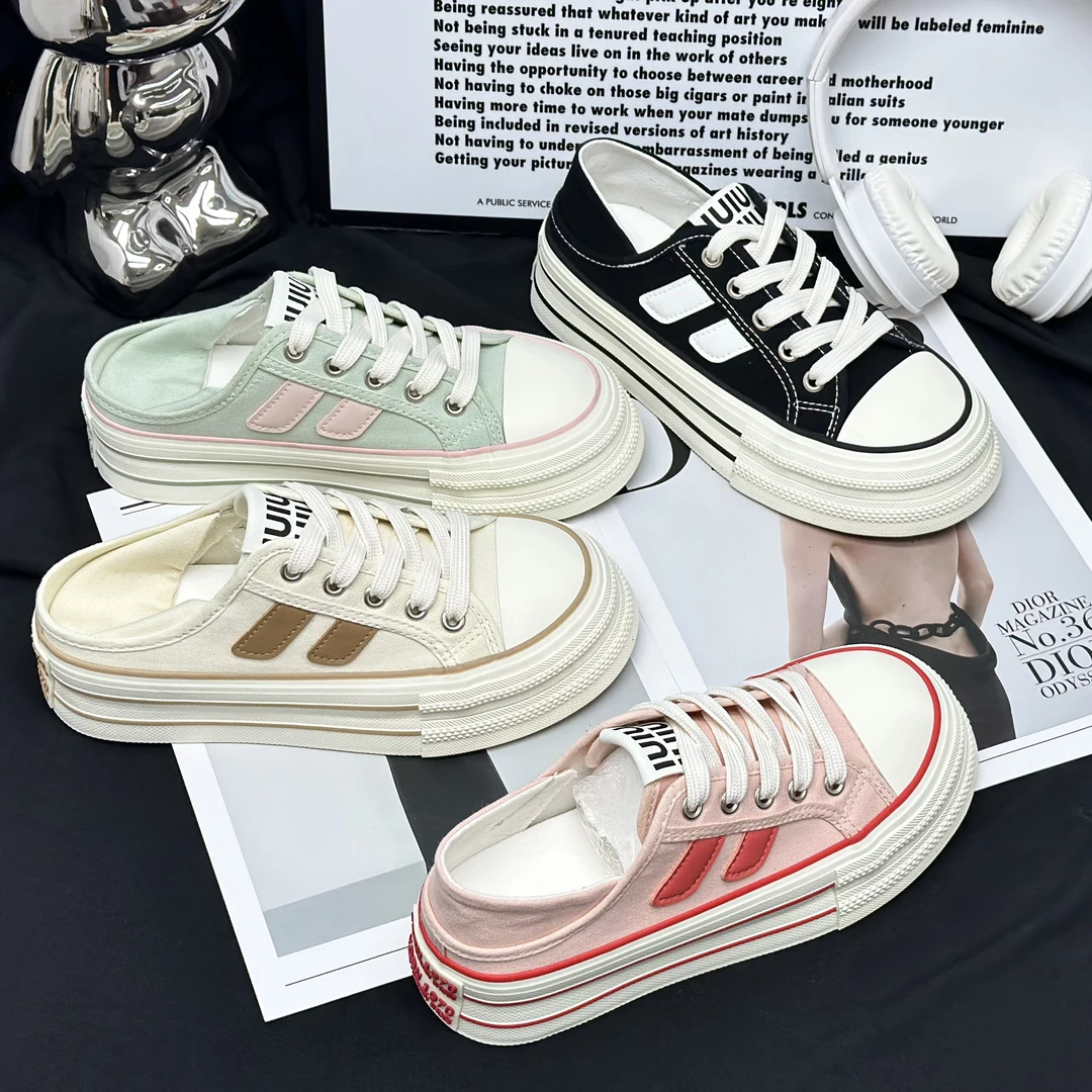 【Mei】2025夏季新款半拖帆布鞋女厚底两穿透气韩版百搭休闲小白鞋