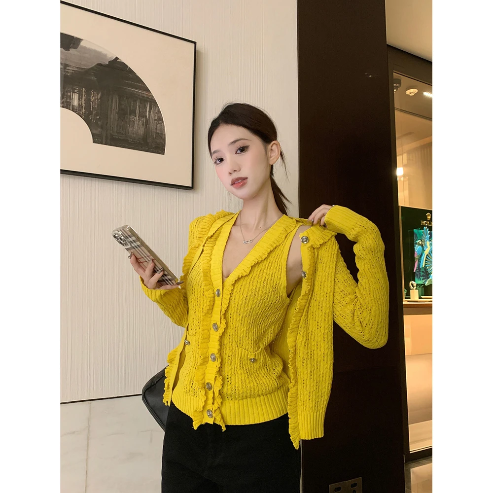 宽松花边长袖针织衫外套V领显瘦背心马甲女2025春季新款时尚套装