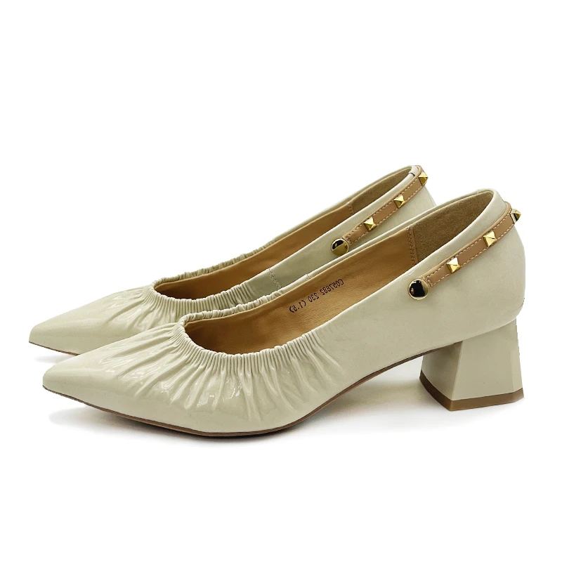 法式粗跟尖头一字扣带褶皱粗跟高跟鞋单鞋女057882