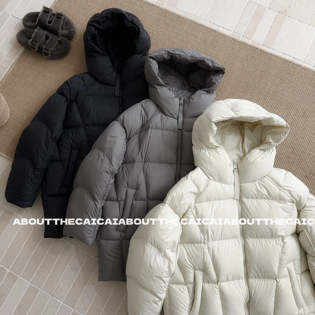 CAICAI【大云朵】新国标90白鸭绒中长款连帽羽绒服女冬季韩系