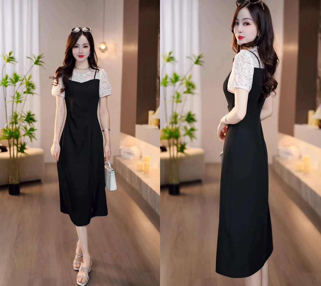 2025夏季新黑白拼接国风设计优雅气质时尚经典显瘦连衣裙M-4XL