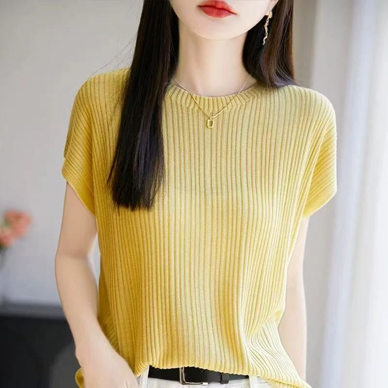 丽丽家~竖条黄飞袖显瘦气质时尚百搭夏季薄款圆领上衣402