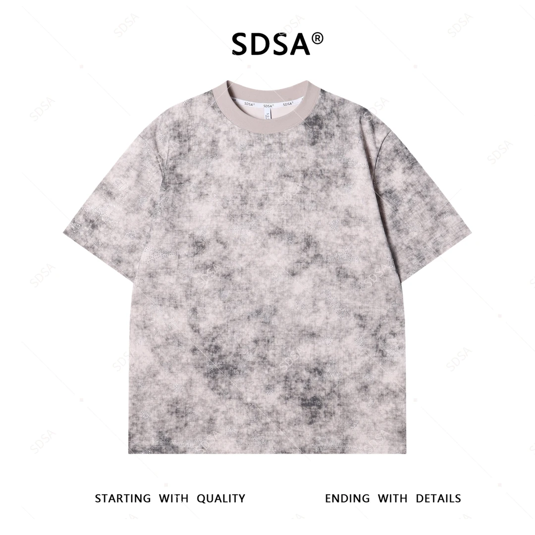 夏季高级感新款男士简约扎染烫钻短袖T恤小众设计感百搭圆领上衣