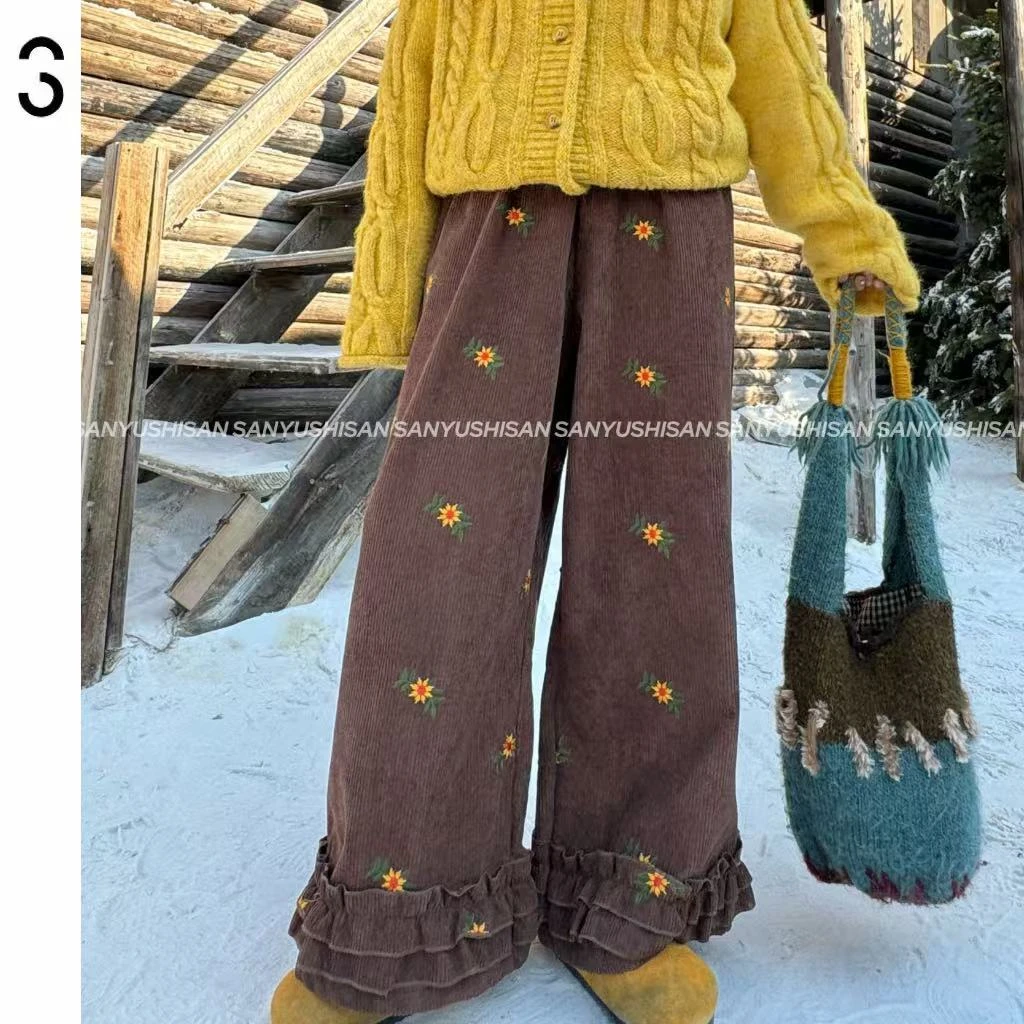 三与十三|花花主义|秋冬刺绣加绒冬季女装灯芯绒休闲阔腿裤
