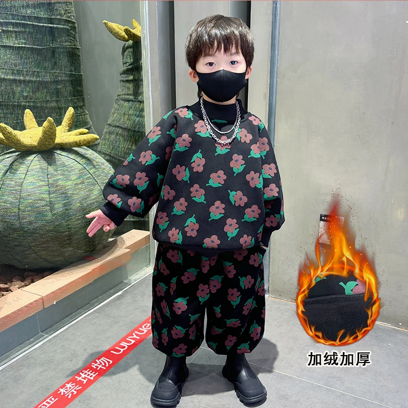 男童加绒套装秋冬款小男孩韩版森系高领卫衣束脚裤加厚两件套痞帅