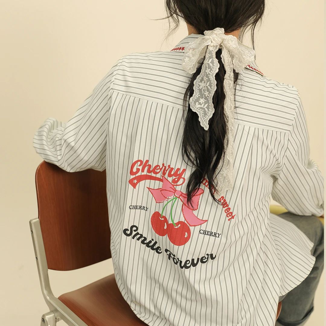 【2月21日新品】大码百分百春季刺绣上衣正肩条纹衬衫0210