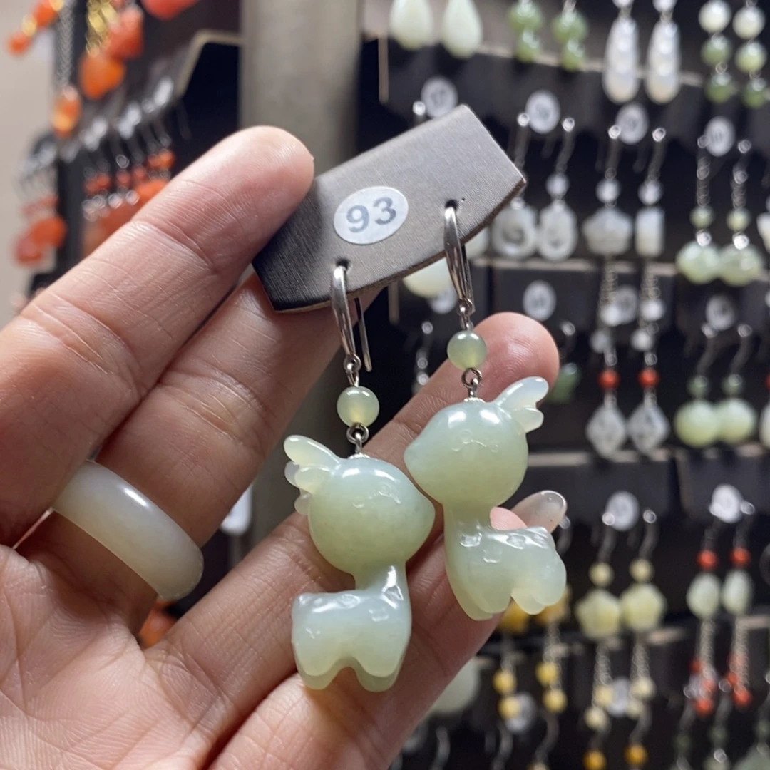 和田玉耳饰银S925镶嵌一***，