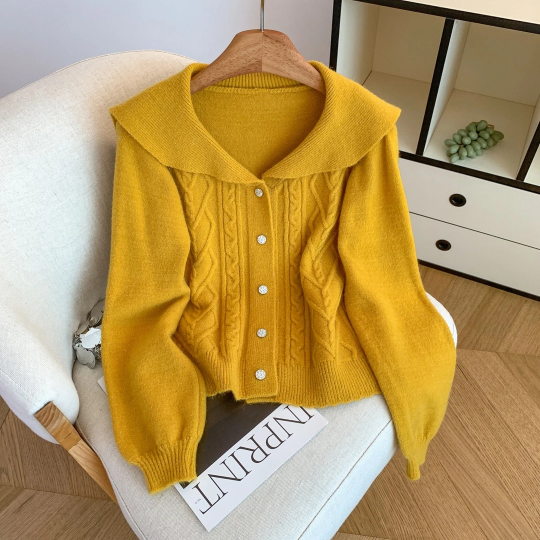 复古麻花海军领短款针织开衫女秋冬小众休闲慵懒软糯毛衣外套上衣