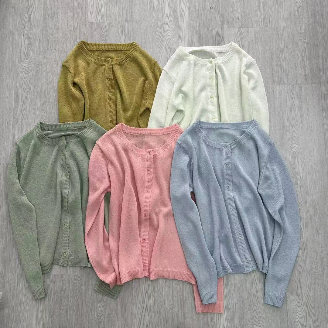 马卡龙色简约清新慵懒风圆领针织开衫