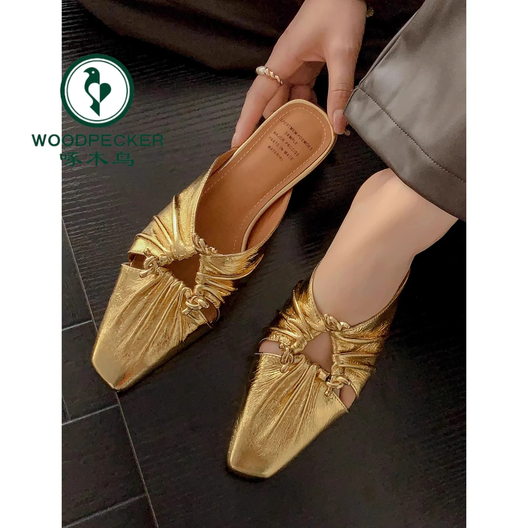 啄木鸟 4cm粗跟拖鞋女夏外穿设计感金色半拖穆勒鞋时尚凉拖