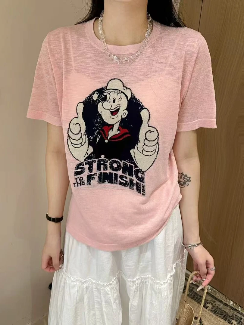 卡通图案毛衣针织衫女装短袖宽松圆领百搭薄款显瘦上衣T恤打底衫