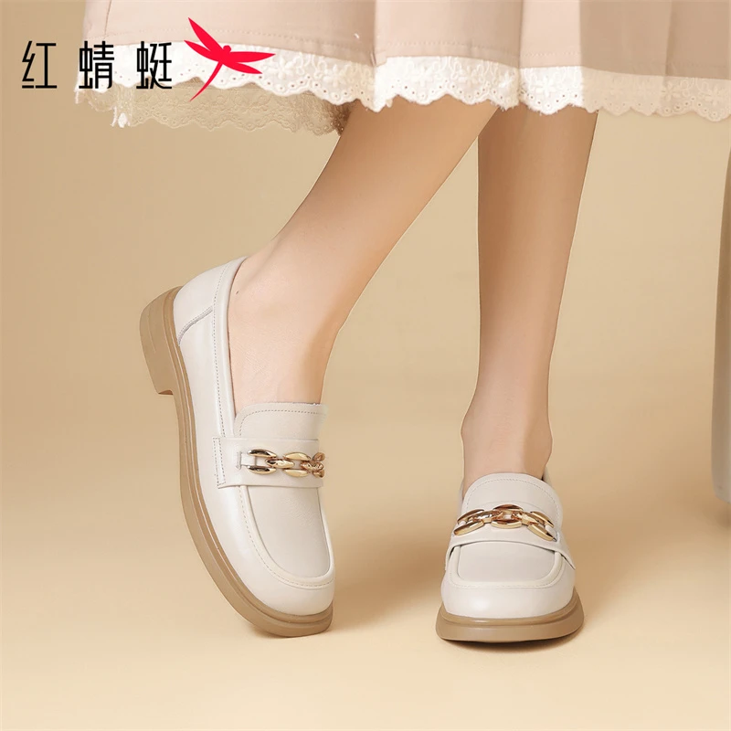 红蜻蜓真皮厚底乐福鞋女2025新款秋季透气英伦风小皮鞋一脚蹬单鞋