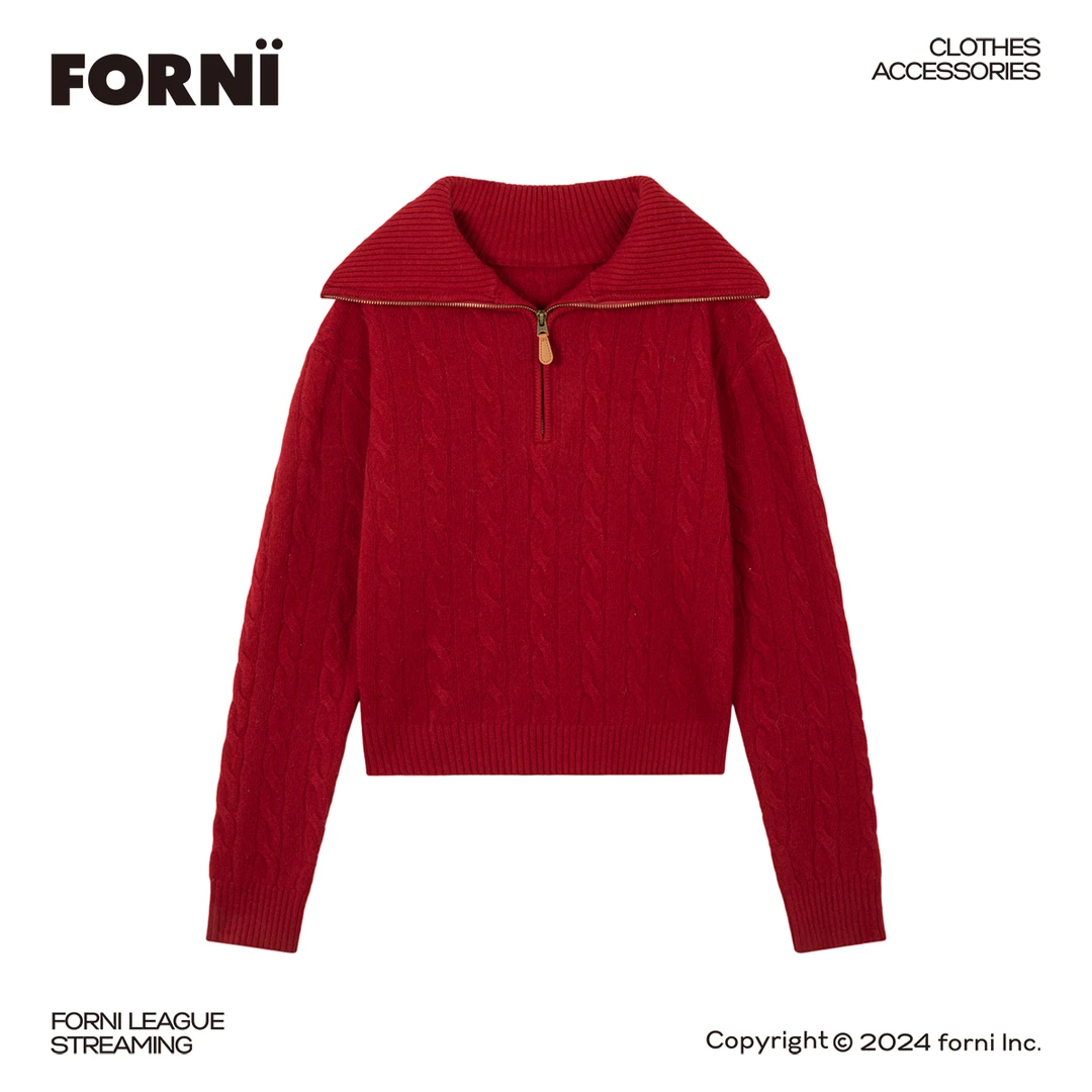 FORNI × YOYO 雪天情书 100绵羊毛翻领麻花毛衣时尚秋冬毛衣小衫