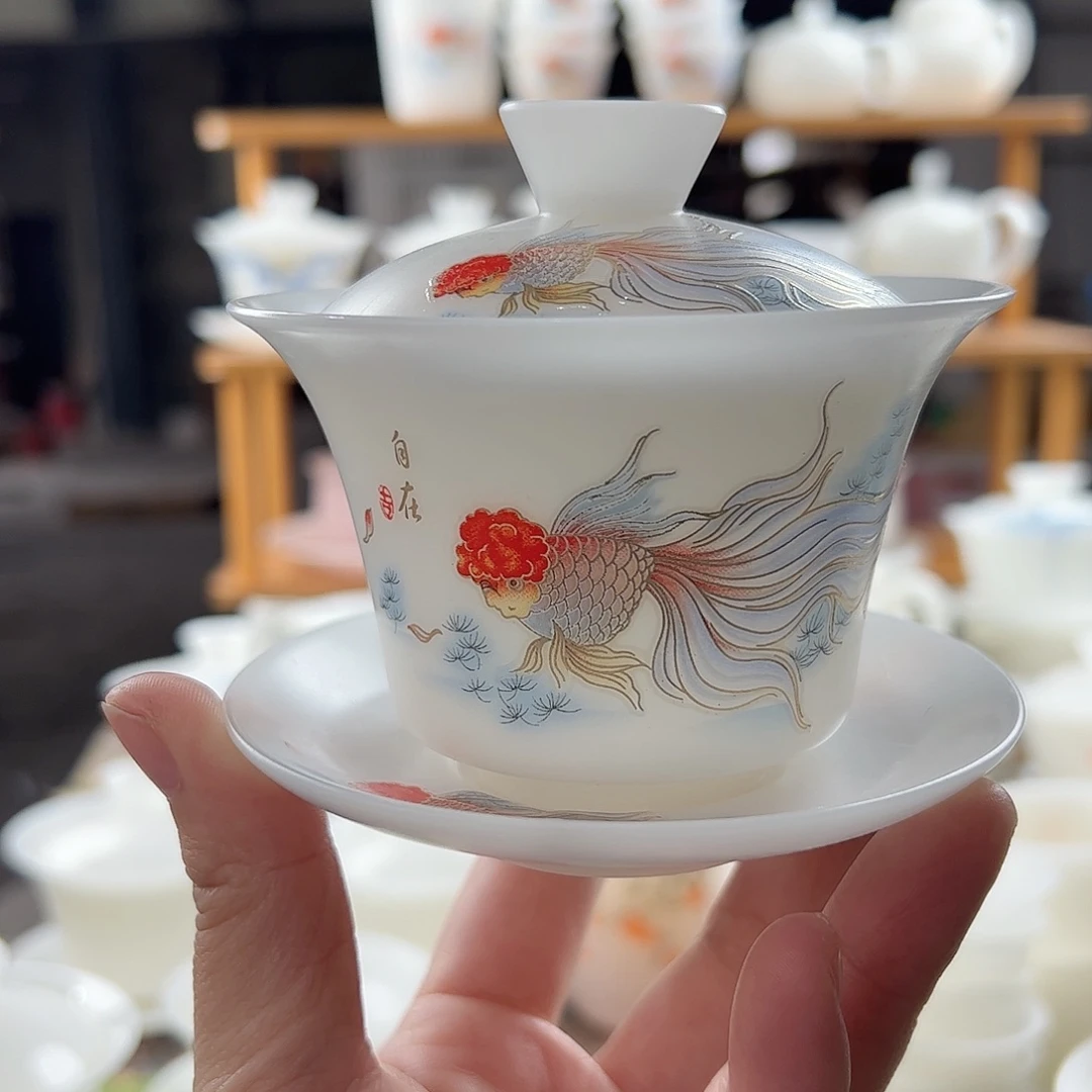 素烧璞玉马蹄盖碗满容160ml-锦鲤款