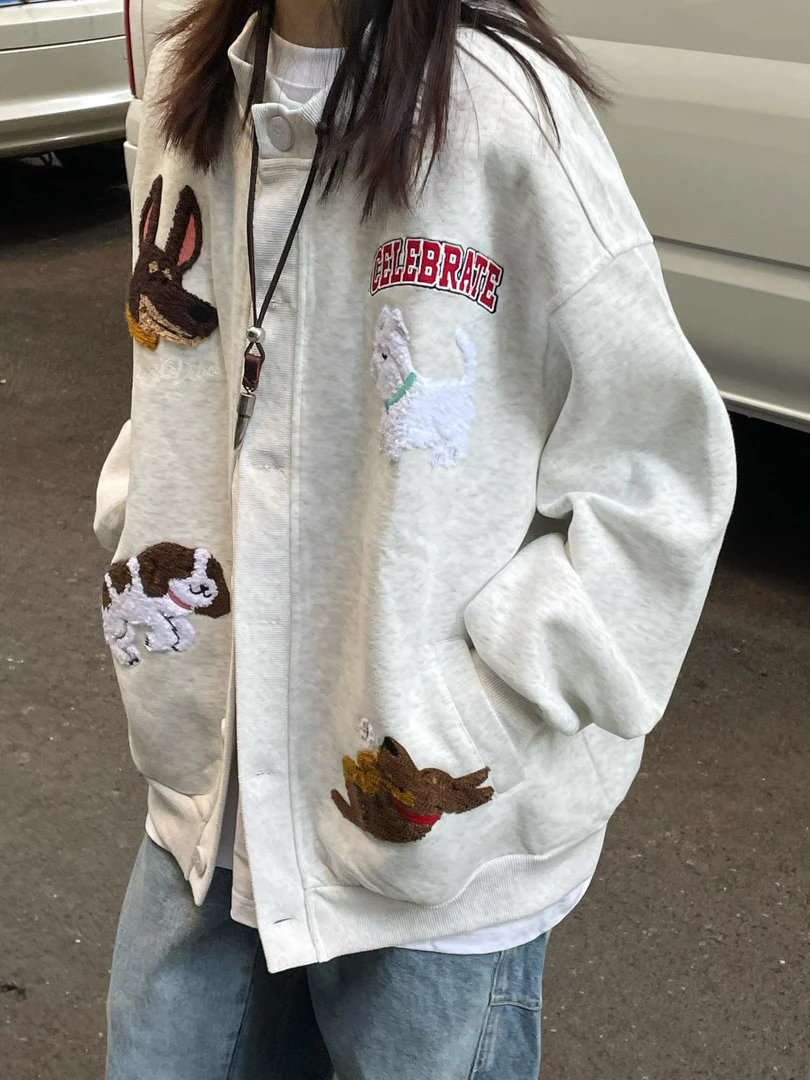 美式可爱卡通小狗毛巾绣开衫卫衣女2025秋季新款韩系bf慵懒风外套