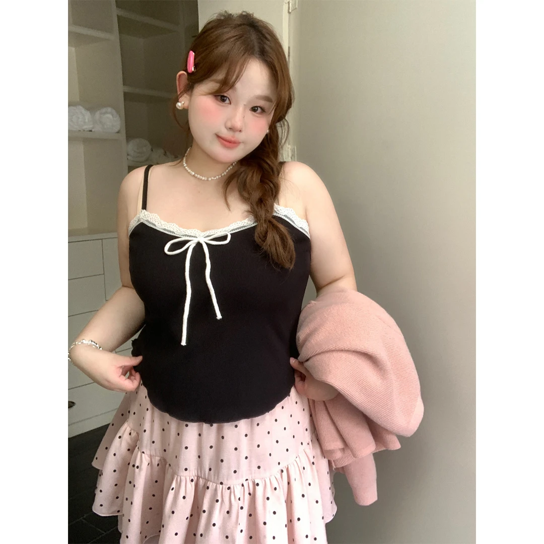 徐达布【混搭天菜】 大码花边宽松吊带女蝴蝶结黑色内搭D28682C51