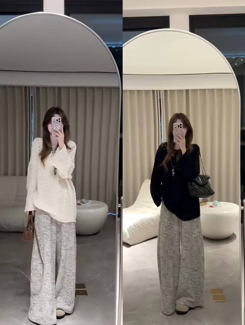 【两件套】秋季穿搭慵懒高级感镂空软糯针织毛衣女装时尚休闲阔腿裤
