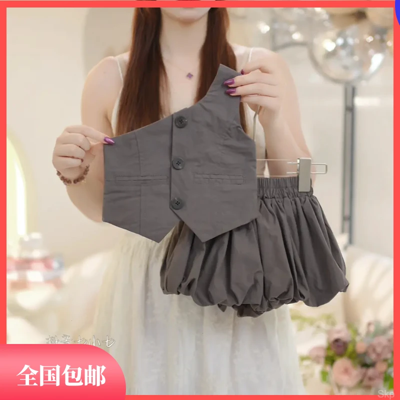 韩版花苞百搭钮扣夏季套装儿童斜肩新款洋气2背心5女童短裤两件套